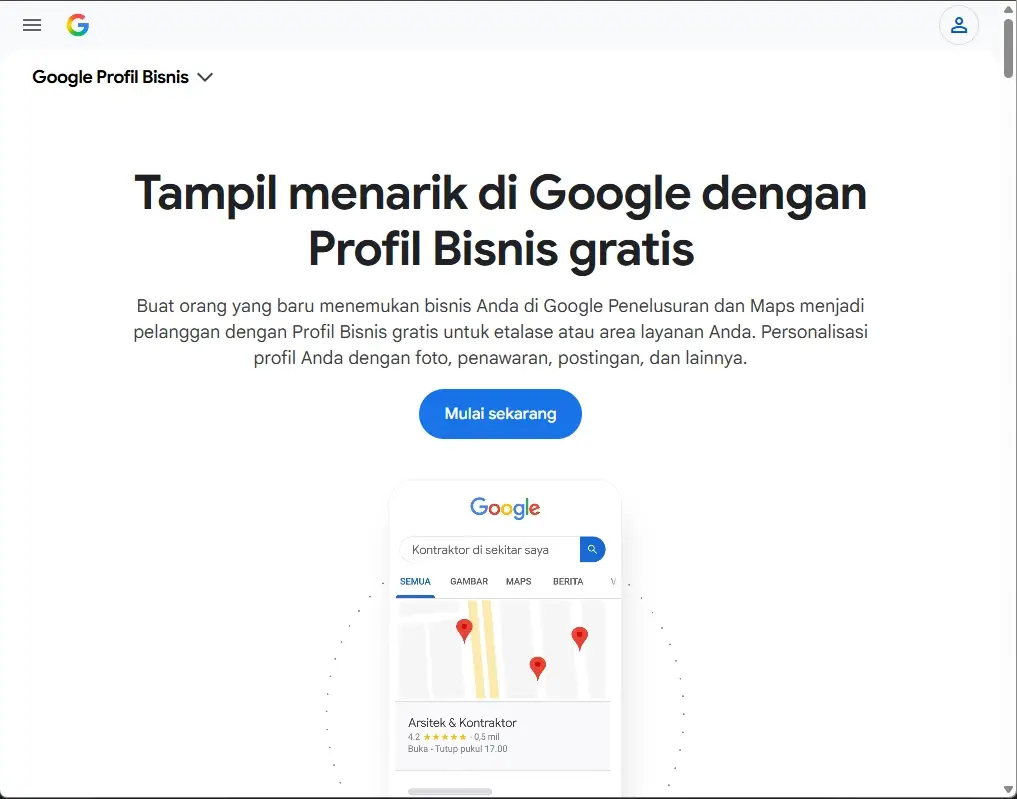 Tampilan tombol mulai sekarang sebagai langkah pertama cara daftar Google Business Profile untuk warung makan.