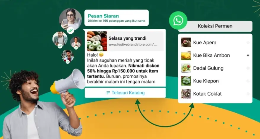 Ilustrasi seorang pria memegang megafon di samping visual simulasi pesan siaran (broadcast) promosi makanan ringan dan daftar katalog jajanan pasar di WhatsApp Business.