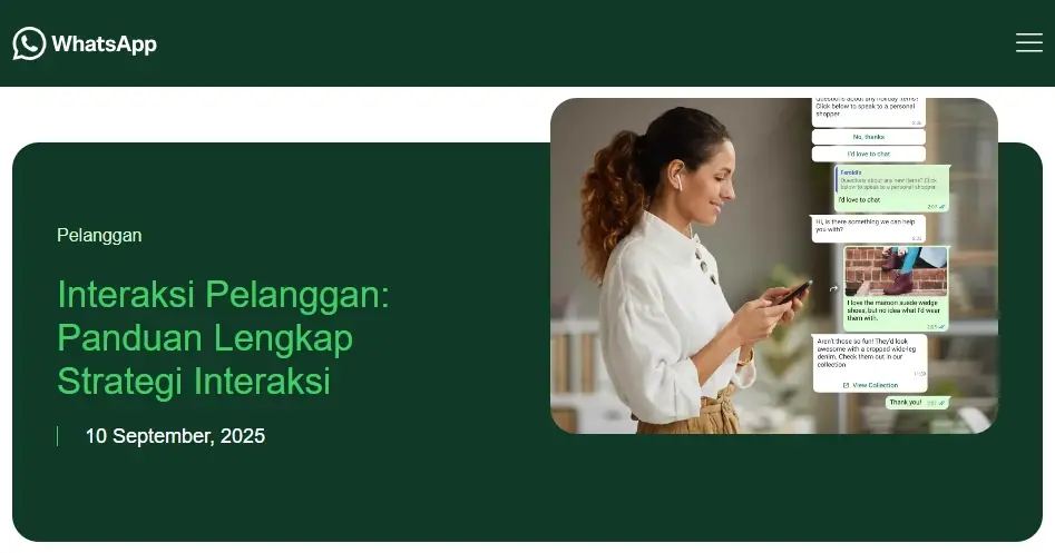 Halaman blog resmi WhatsApp menampilkan artikel panduan strategi interaksi pelanggan dengan visual seorang wanita sedang tersenyum memegang smartphone.