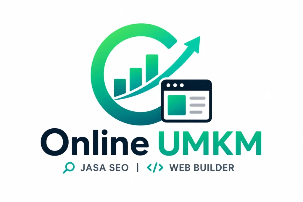 Logo Online UMKM yang menawarkan layanan Jasa SEO dan Web Builder dengan simbol grafik pertumbuhan hijau dan ikon jendela browser untuk optimasi bisnis digital.