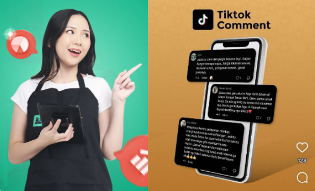 Seorang pelaku usaha wanita menunjukkan ulasan positif dari pelanggan setia di TikTok pada layar smartphone untuk meningkatkan kredibilitas bisnis kuliner online.