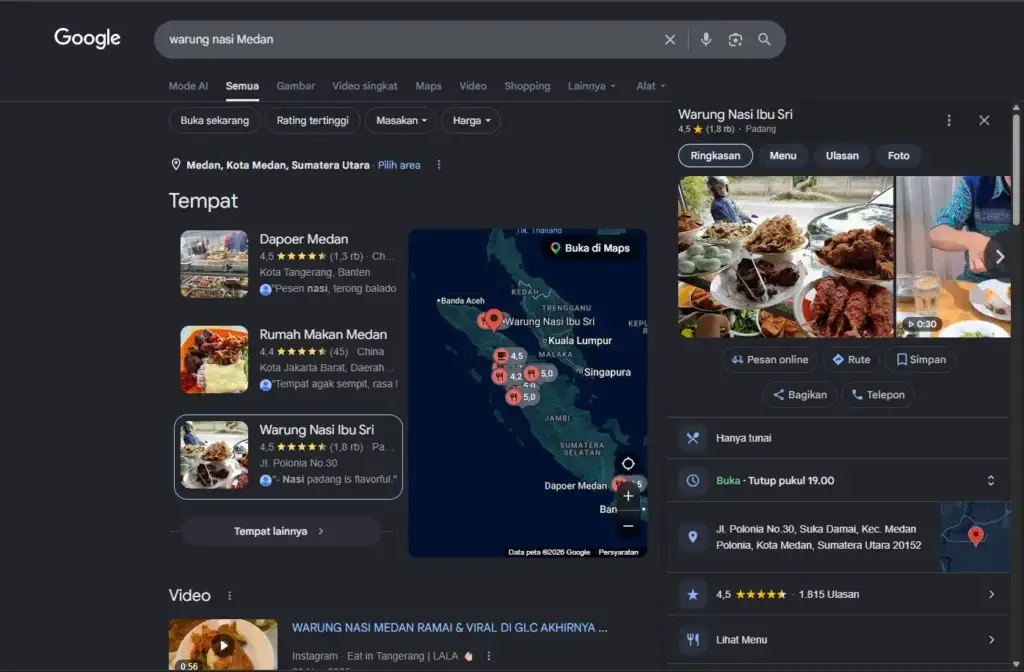 Contoh hasil pencarian Google Maps yang menampilkan profil lengkap Google Business Profile untuk warung makan