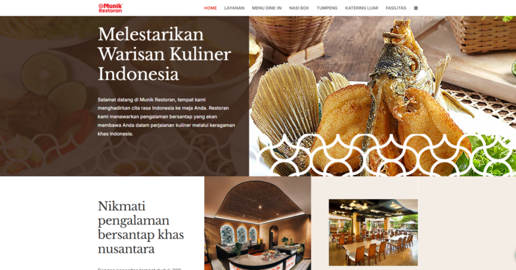 Tampilan beranda website sederhana Munik Restoran yang menampilkan menu ikan goreng khas nusantara dan suasana interior restoran yang nyaman untuk membangun kepercayaan pelanggan secara online.