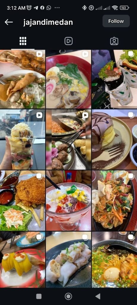 Tampilan feed akun Instagram kuliner berisi dokumentasi foto dan video makanan yang estetis untuk promosi online warung makan Medan.