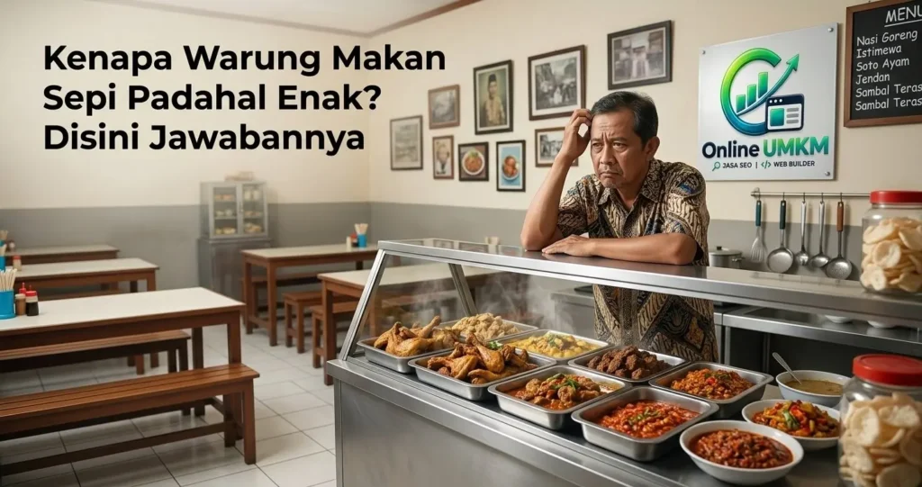 Pengusaha warung makan terlihat bingung di samping etalase makanan yang sepi pembeli.