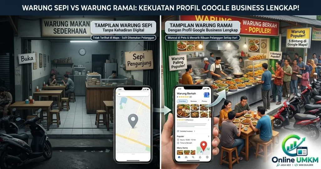 Visual perbandingan kenapa warung makan sepi padahal enak dengan warung ramai yang mengoptimalkan Profil Google Business