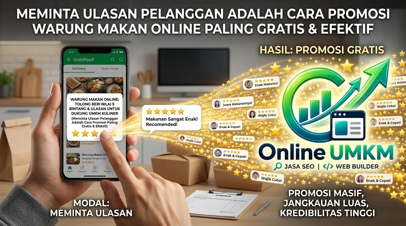 Visualisasi strategi meminta ulasan bintang lima dari pelanggan sebagai sarana promosi organik gratis yang efektif bagi warung makan online.