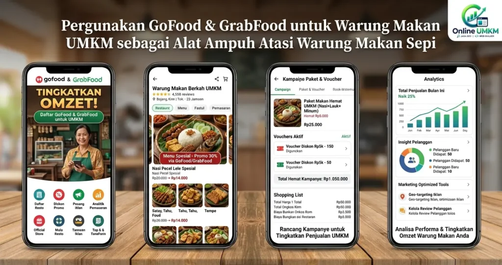 Tampilan empat layar smartphone yang memperlihatkan fitur GoFood dan GrabFood sebagai alat pemasaran digital untuk mengatai warung makan UMKM yang sepi.
