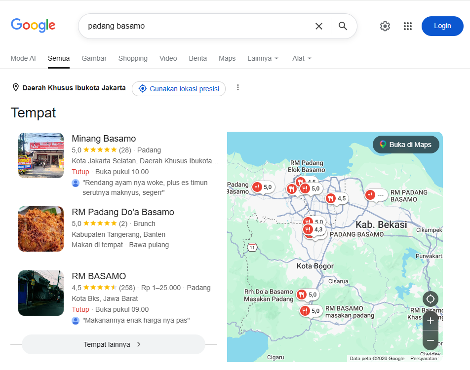 Hasil pencarian Google Maps untuk rumah makan Padang Basamo yang menampilkan Google Business Profile sebagai strategi promosi online gratis agar bisnis UMKM kuliner mudah ditemukan pelanggan di Google Search dan Google Maps.
