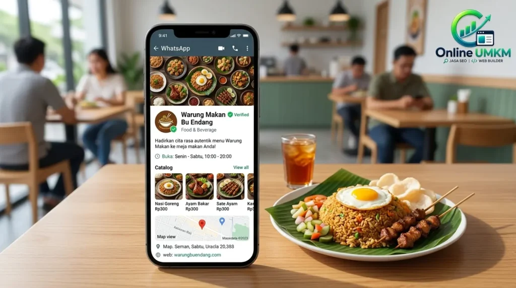 Tampilan profil WhatsApp Business terverifikasi untuk warung makan di layar smartphone dengan menu makanan di atas meja kayu.