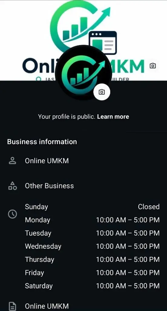Tampilan menu profil bisnis pada aplikasi WhatsApp Business yang memuat informasi jam operasional dan kategori usaha kuliner.