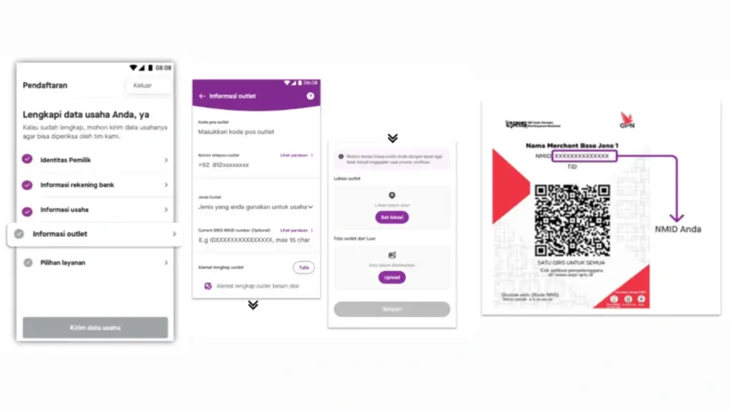 Panduan langkah demi langkah pengisian informasi outlet dan pencarian nomor NMID QRIS pada aplikasi GoBiz