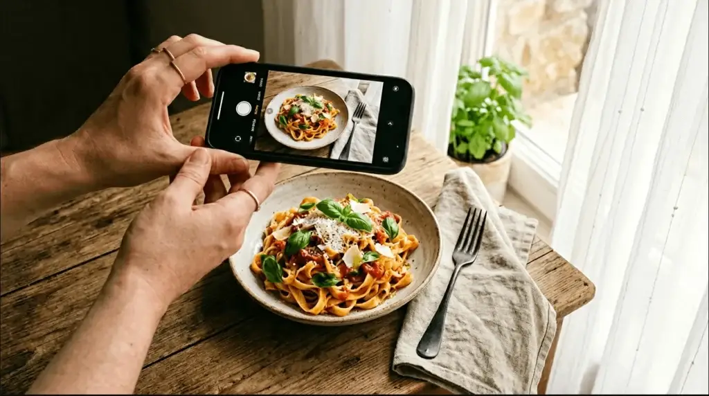 Seseorang mempraktikkan cara foto makanan pakai HP di dekat jendela untuk memanfaatkan pencahayaan alami tanpa lampu kilat.