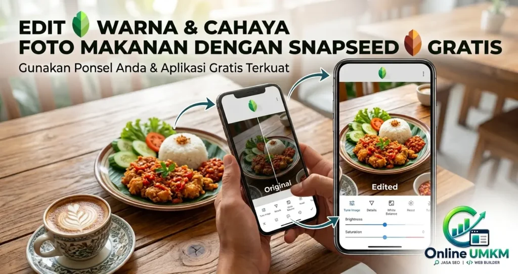 Perbandingan foto makanan sebelum dan sesudah diedit menggunakan aplikasi Snapseed gratis di smartphone untuk meningkatkan kualitas foto kuliner UMKM.