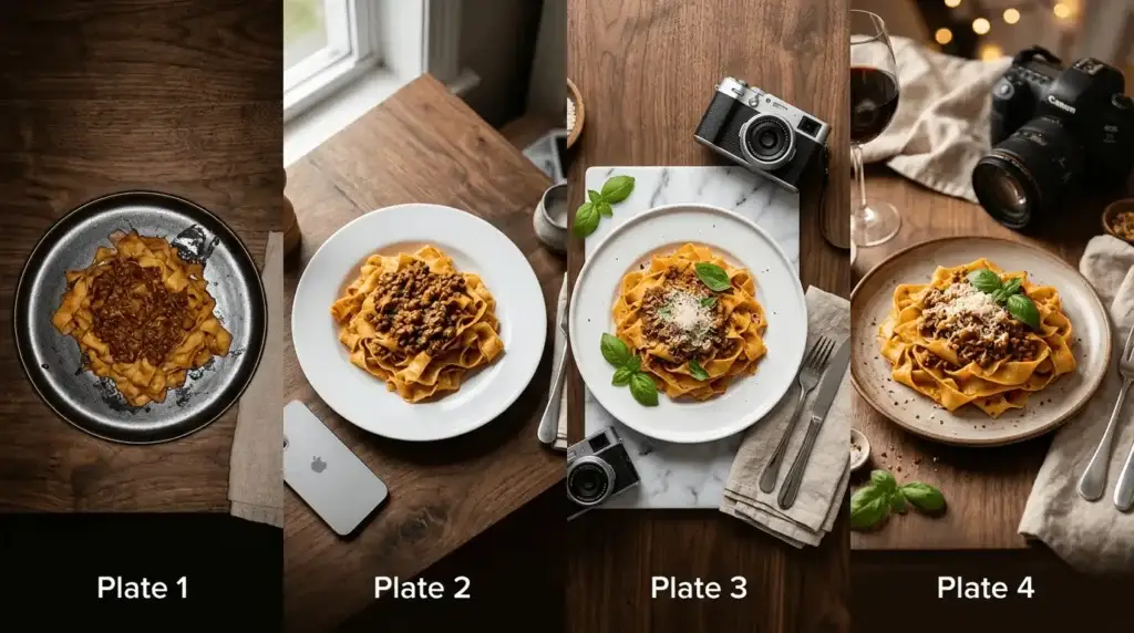 Perbandingan empat teknik pencahayaan dan penataan foto menu pasta bolognese untuk foto menu makanan
