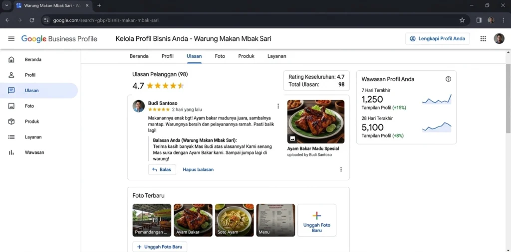 tampilan panel Google Business Profile untuk mengelola foto dan membalas ulasan pelanggan