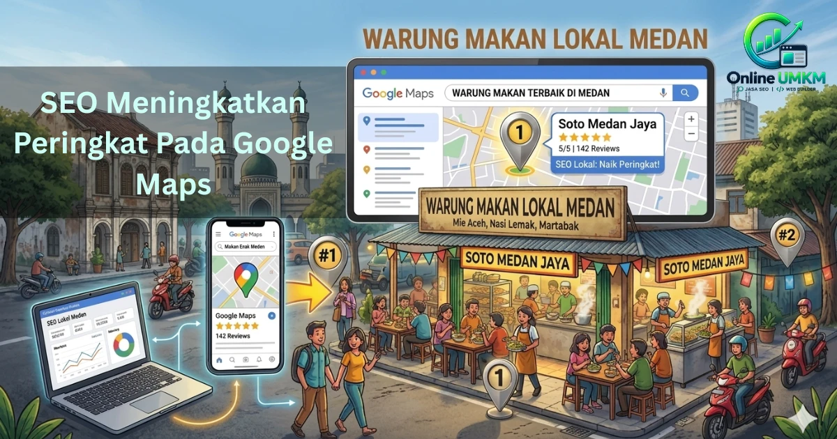 Ilustrasi strategi SEO lokal untuk menaikkan peringkat warung makan di Medan pada pencarian Google Maps.