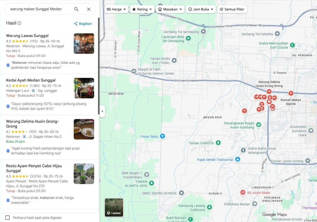 tampilan Google Maps pencarian warung makan lokal Medan dengan tiga hasil teratas di map pack