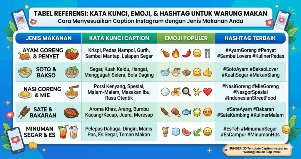 Tabel referensi kata kunci emoji dan hashtag Instagram untuk warung makan