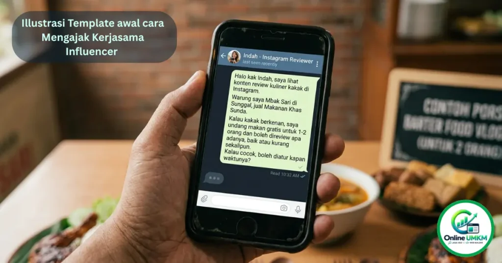 Template pesan singkat cara mengajak kerjasama influencer warung makan melalui aplikasi pesan di smartphone.