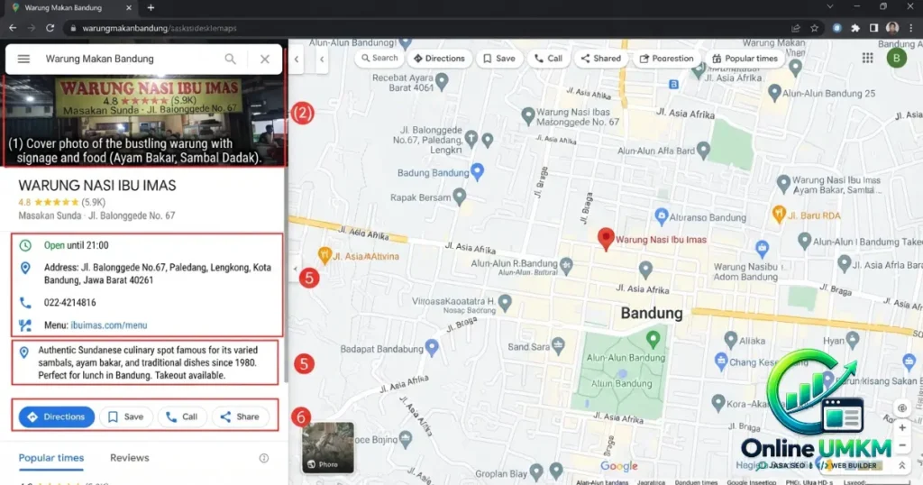 Screenshot contoh tampilan profil Warung Nasi Ibu Imas di Google Maps Bandung yang lengkap dengan deskripsi, alamat, jam buka, dan menu untuk optimasi SEO lokal.