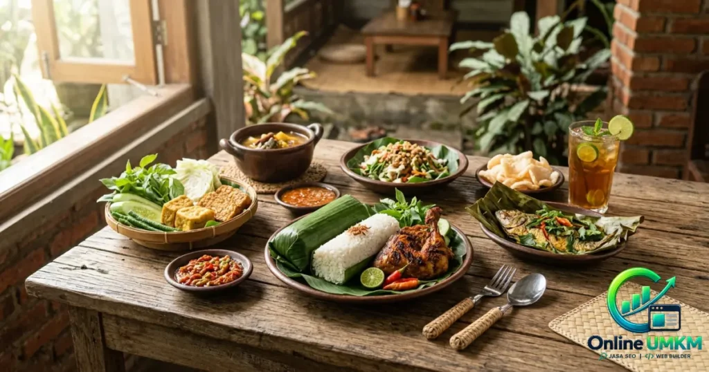 Foto menu makanan biar kelihatan menggoda menampilkan paket nasi timbel, ayam bakar, pepes ikan, lalapan segar, dan sambal khas Sunda di atas meja kayu.