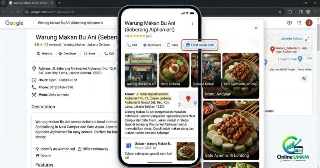 Contoh tampilan Google Business Profile versi mobile untuk strategi promosi online warung makan Jakarta, menampilkan foto menu andalan dan deskripsi lokasi.
