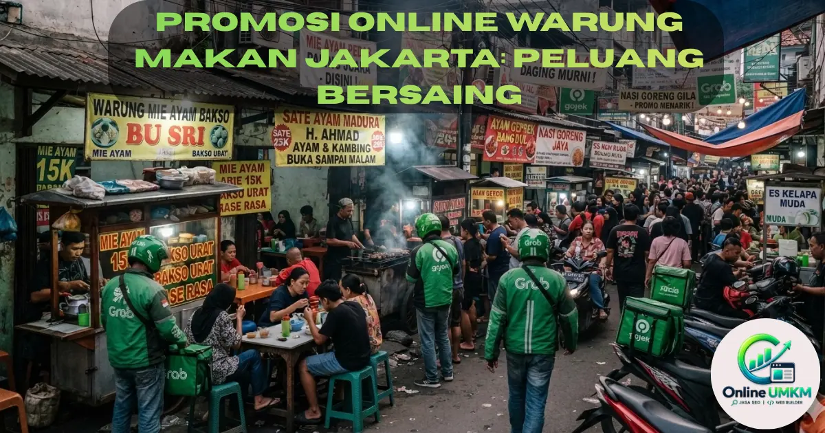 Foto suasana persaingan warung makan padat di Jakarta dengan antrean pengemudi ojek online, cocok untuk strategi promosi online warung makan Jakarta.