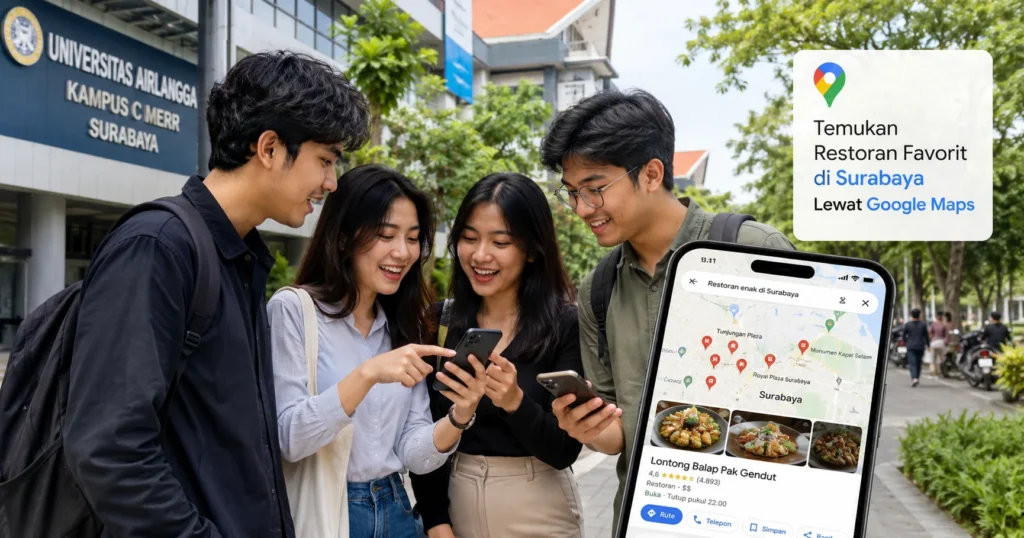 Sekelompok mahasiswa di depan Universitas Airlangga Surabaya sedang mencari promosi online warung makan lewat aplikasi Google Maps di HP mereka.