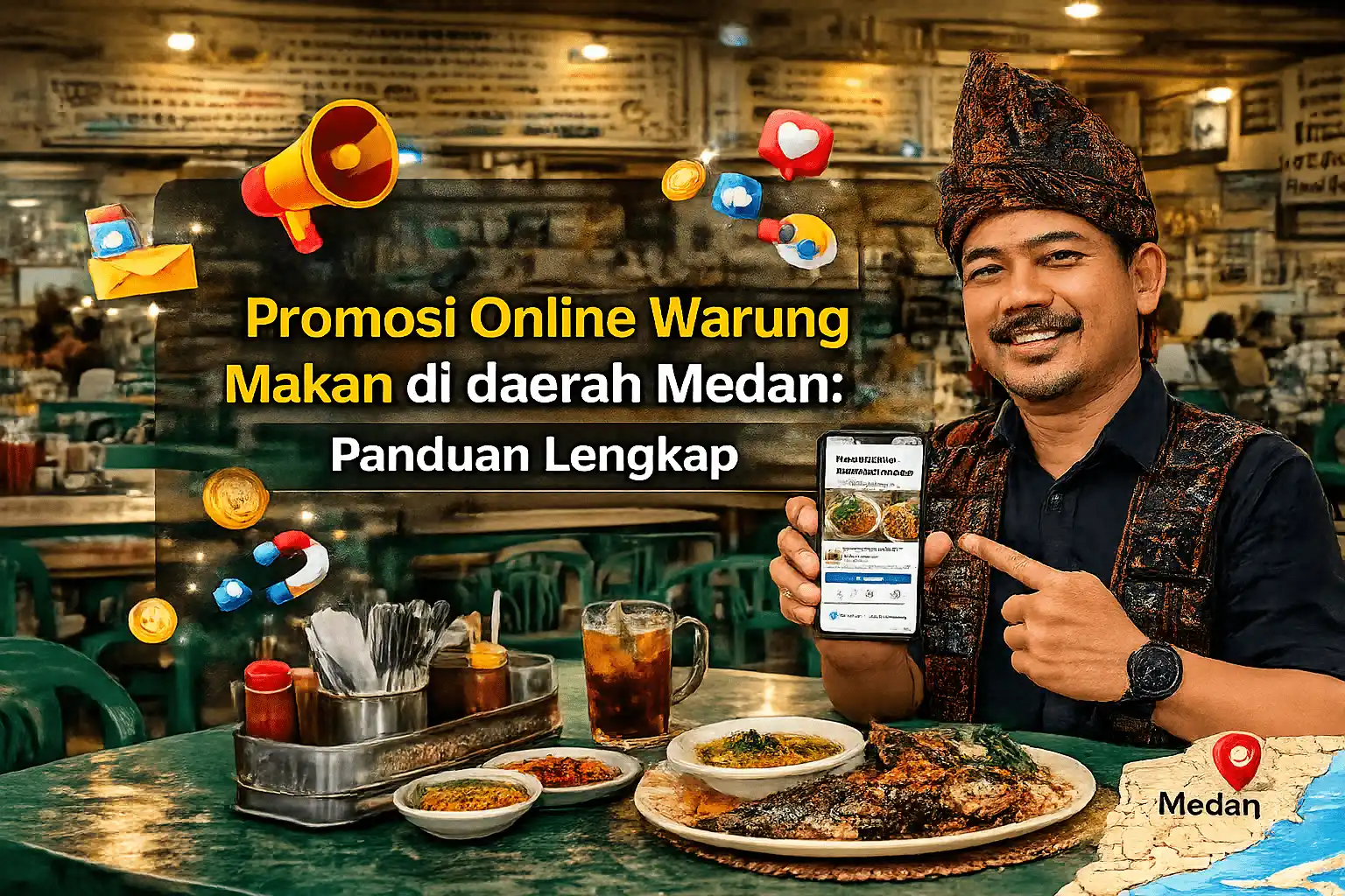 Promosi online warung makan Medan lewat HP menampilkan seorang pria menunjuk layar smartphone di meja makan berisi hidangan ikan bakar khas Medan.