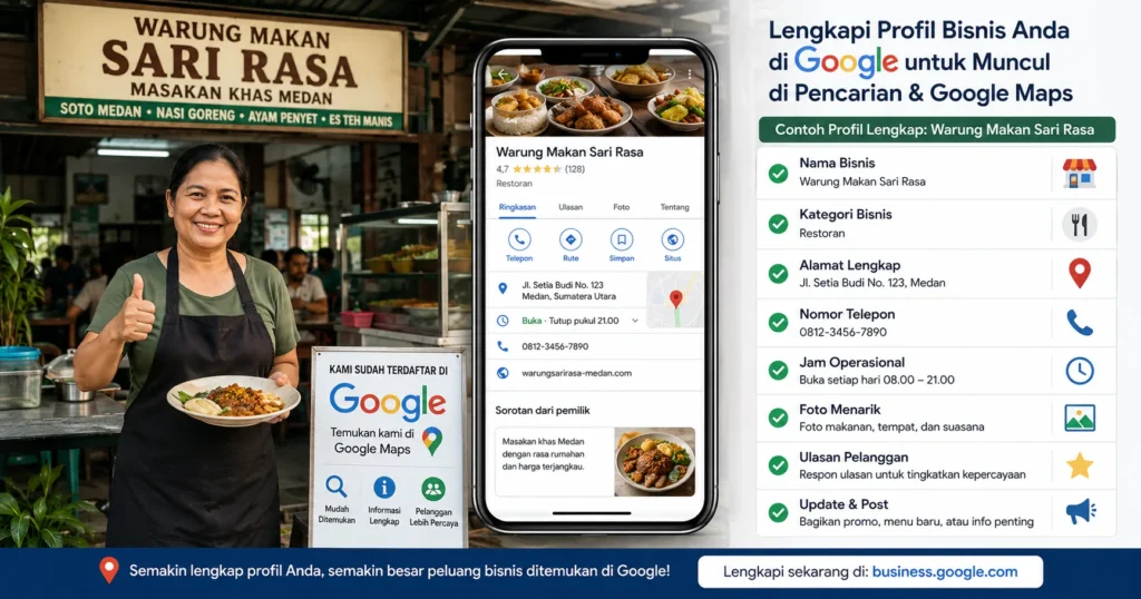 Promosi online warung makan Medan lewat HP menampilkan pemilik Warung Makan Sari Rasa menunjukkan piring makanan di samping visual layar smartphone profil Google Bisnisku.