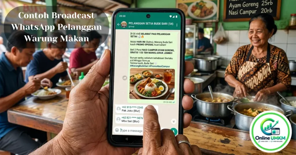 Tampilan smartphone memuat pesan broadcast WhatsApp promo nasi campur ke grup pelanggan setia di dalam suasana warung makan yang ramai.