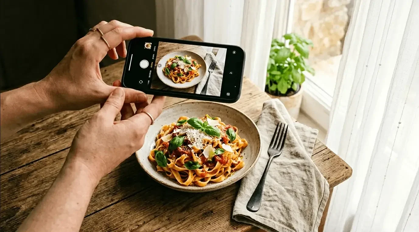 Seseorang mempraktikkan cara foto makanan pakai HP di dekat jendela untuk memanfaatkan pencahayaan alami tanpa lampu kilat.